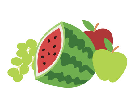 Watermelon slice next to whole and half apples, grapes bunch. Fresh juicy summer fruits concept. Healthy eating and nutrition vector illustration.のイラスト素材