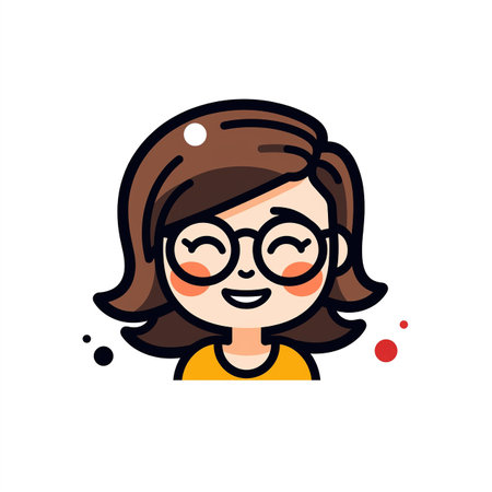 A cheerful cartoon girl with glasses smiles in this colorful vector illustrationのイラスト素材