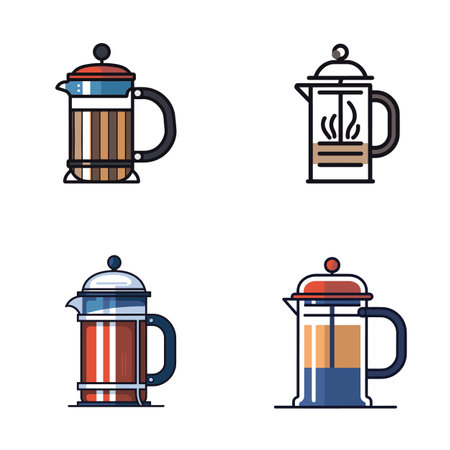 A collection of colorful French press coffee makers in a vector illustrationのイラスト素材