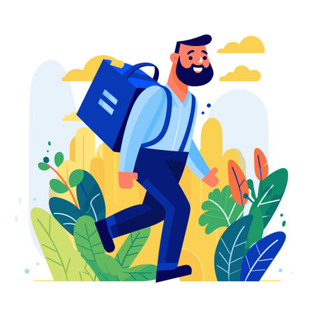 A smiling delivery man is holding a large package with clouds in the background in the vector illustration.のイラスト素材