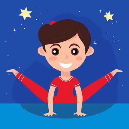 A cartoon gymnastics girl is sitting under a night sky with stars in this cheerful vector illustration.のイラスト素材