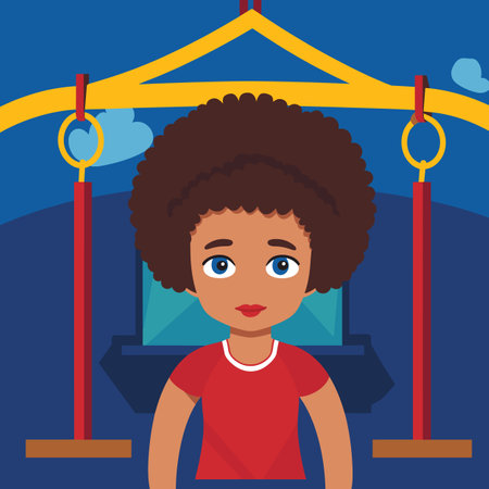 A young boy with curly hair is standing in front of gymnastic rings at a playground in a vector illustration.のイラスト素材