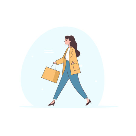 A woman is briskly walking holding a shopping bag in a minimalist vector illustration.のイラスト素材