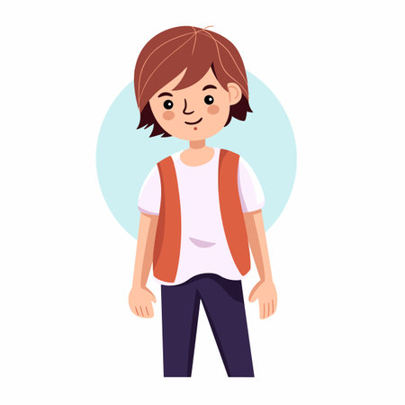 A smiling boy with brown hair stands confidently in a vector illustration.のイラスト素材