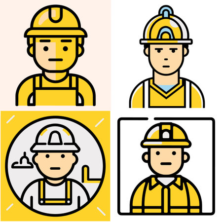 A set of four flat vector illustrations depicts construction workers with helmets and uniforms.のイラスト素材