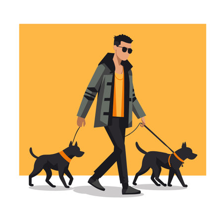 Stylish man walking two black dogs on leashes. Casual guy with sunglasses enjoys dog walking. Urban pet care and lifestyle vector illustrationのイラスト素材
