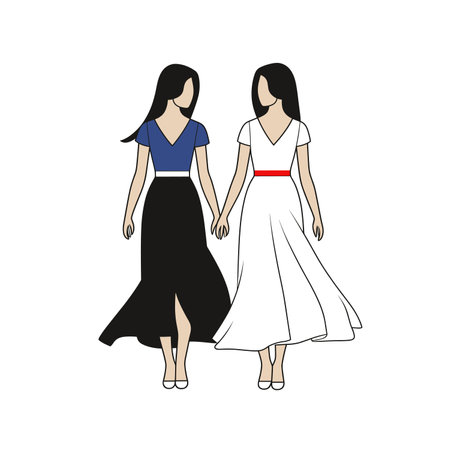 Two women walking together, one in black skirt and blue blouse, other in white dress. Friendship and diversity concept. Elegance and simplicity vector illustration.のイラスト素材