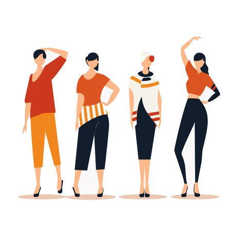 Four stylish women posing in modern casual and elegant fashion outfits. Group of diverse females showing different standing postures. Fashion diversity and female empowerment vector illustration.のイラスト素材