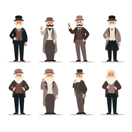 Set of eight elderly men with beards, wearing vintage clothes and hats. Older gentlemen depicted in various poses and expressions vector illustration.のイラスト素材