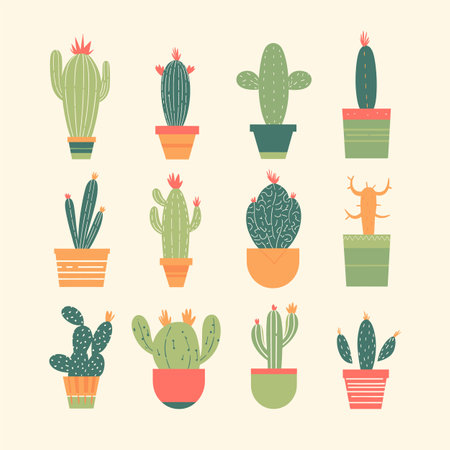 Collection of various cacti in colorful pots. Different types of cactus plants flat design. Desert flora and succulent collection vector illustration.のイラスト素材