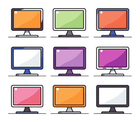 Row of colorful flat design monitors with blank screens. Nine different computer screens with vibrant colors. Graphic design and website development vector illustration.のイラスト素材