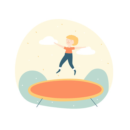 Blonde boy jumping on trampoline with joy, happy child playing outdoors. Fun childhood activity and playtime vector illustration.のイラスト素材