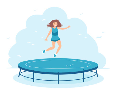 Young woman jumping on trampoline outdoors, having fun with joyful expression, clear sky. Recreation and playful activity, fitness exercise vector illustration.のイラスト素材