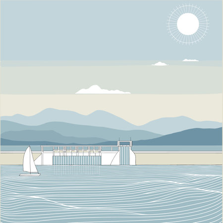 Sailboat on calm sea near modern villa, mountains in background, sunny day. Serene summer vacation, ocean scenery vector illustration.のイラスト素材