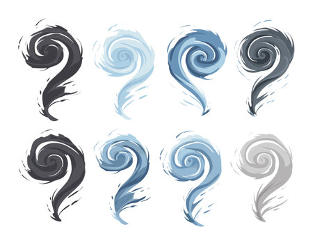 Collection of swirling gusts of wind in different shades of blue and gray. Air movement, breeze curls, and whirlwinds vector illustration.のイラスト素材