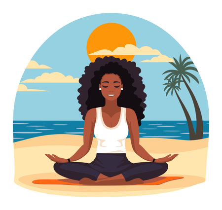 African American woman meditating on beach at sunset. Serene female practicing yoga seaside. Wellness and beach meditation vector illustration.のイラスト素材