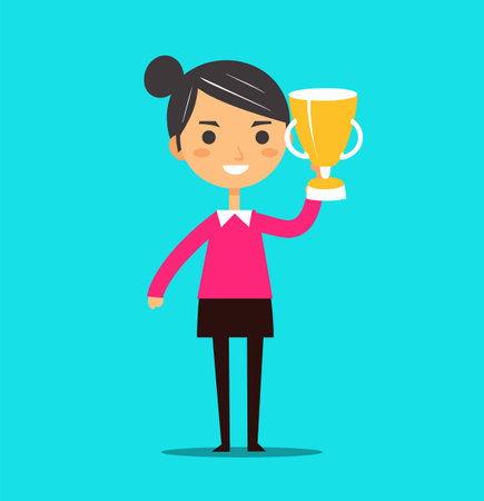 Young Asian woman holding trophy with a big smile, standing against a blue background. Success and achievement concept vector illustration.のイラスト素材