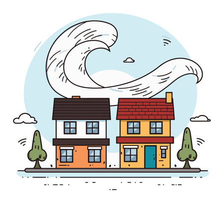 Cartoon houses with a large stylized wave approaching from behind. One house has a red roof, the other is black. Residential tsunami disaster concept vector illustration.のイラスト素材