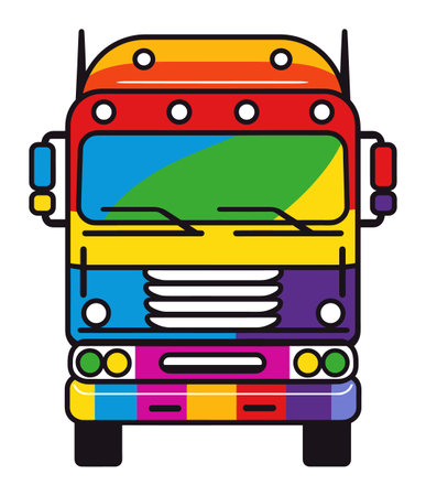 Colorful striped school bus front view. Bright colors and simple shapes. Children transportation concept vector illustration.のイラスト素材