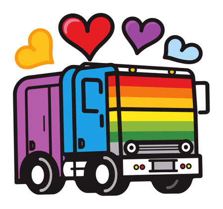 Colorful bus with rainbow stripes and love hearts. Pride parade transportation concept. LGBT rights and diversity vector illustration.のイラスト素材