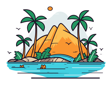 Tropical island with palm trees, mountain peak, ocean, sun, and birds. Serene beach landscape with no people. Summer vacation and nature scenery vector illustration.のイラスト素材