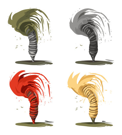 Set of four colorful tornadoes with different styles, capturing dynamic motion and natural disaster theme. Artistic representation of twisters. Weather phenomena and environmental concept vector illustration.のイラスト素材
