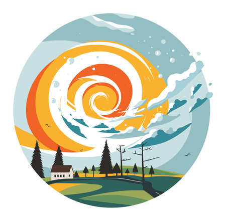 Stylized landscape with sun, clouds, and house with pine trees. Abstract nature scene with warm and cool colors. Surreal weather and nature vector illustration.のイラスト素材