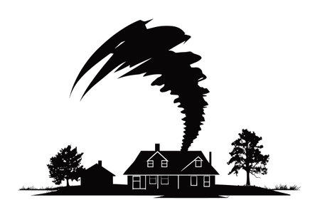 Black silhouette of a tornado touching down near a house with trees. Weather disaster and home danger concept vector illustration.のイラスト素材
