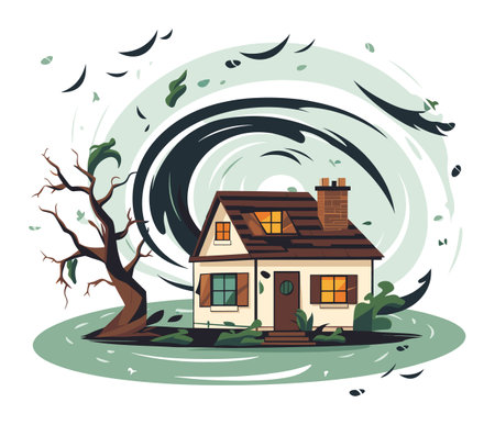 Cottage house engulfed by a tornado with a barren tree bending. Natural disaster and severe weather illustration. Catastrophe and emergency preparedness vector illustration.のイラスト素材