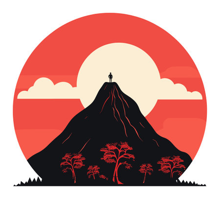 Solo person on mountain peak at sunrise with red sky. Achieving goal, success and adventure concept. Peaceful nature celebration vector illustration.のイラスト素材