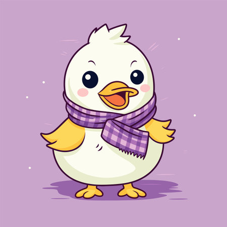 Cute duckling with a purple checkered scarf on a lavender background. Happy cartoon duck character ready for winter. Warm clothing and cheerful animals vector illustration.のイラスト素材