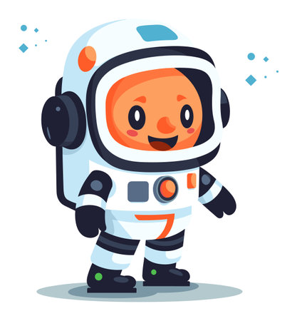 Cute astronaut cartoon character smiling in space suit. Childish spaceman drawing for kids space concept. Playful outer space adventurer vector illustration.のイラスト素材