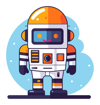 Cute astronaut robot with a smiling face screen standing on a surface with stars and a moon in the background. Friendly space machine on space mission vector illustration.のイラスト素材