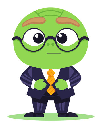 Green alien in a suit with glasses looking serious. Professional extraterrestrial businessman. Office space and leadership vector illustration.のイラスト素材
