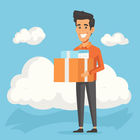 Smiling young man holding a large gift box outdoors with clouds in the background. Cartoon delivery guy with a happy expression, vector illustration.のイラスト素材