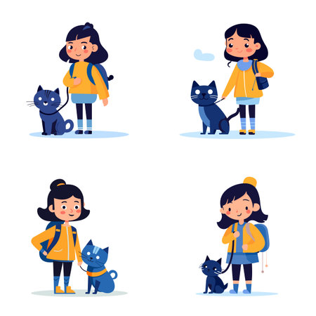 A girl in different poses with a blue cat is depicted in this vector illustration.のイラスト素材