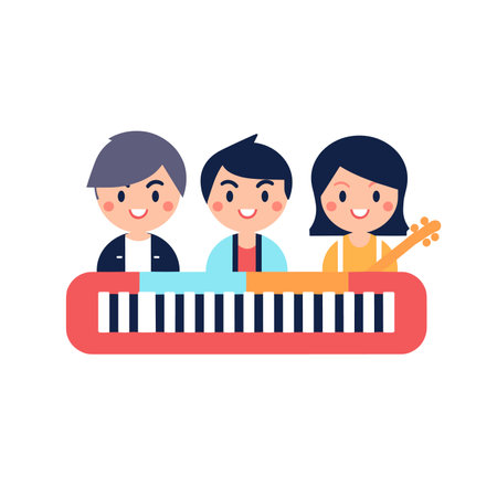 The vector illustration depicts three cheerful cartoon children playing a piano and guitar together.のイラスト素材