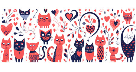 The image shows a row of colorful cartoon cats with decorative patterns vector illustration.のイラスト素材