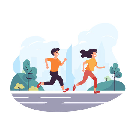 Male and female jogging in the city park, morning run, healthy lifestyle. Cartoon characters exercise outdoors, fitness activity vector illustration.のイラスト素材