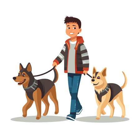 Young boy walking two happy dogs, one large and one small, wearing collars and leashes. Pet care and outdoor activities with animals vector illustration.のイラスト素材