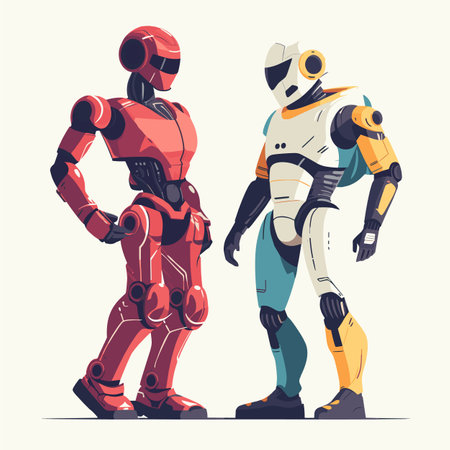 Two futuristic robots in red and yellow colors standing face to face. Modern androids interacting with each other vector illustration.のイラスト素材