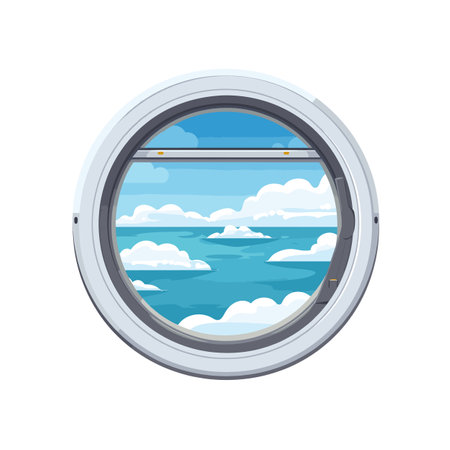 Airplane window view showing clouds and blue sky. Cartoon style porthole with serene sky scene. Travel and aviation concept vector illustration.のイラスト素材