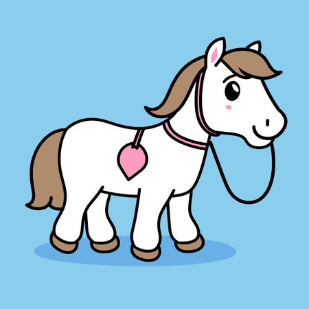 Cute cartoon pony with pink collar and heart tag. White horse with brown hair smiling on blue background. Child-friendly animal character vector illustration.のイラスト素材