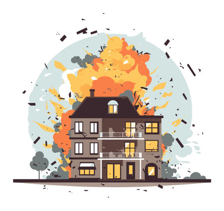 Explosive house fire with flames and debris. Emergency situation, residential building on fire with explosive burst. Disaster and accident concept vector illustration.のイラスト素材