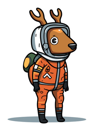 Cartoon deer in orange spacesuit with helmet, standing astronaut animal character. Cute space exploration and adventure vector illustration.のイラスト素材