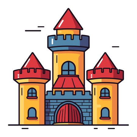 Colorful cartoon castle with red and blue rooftops. Fairytale medieval stronghold with towers. Fantasy kingdom architecture, vector illustration.のイラスト素材
