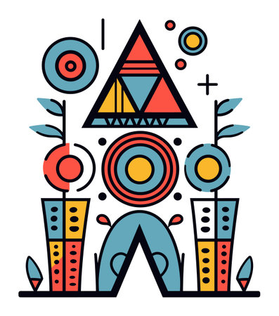 Colorful abstract geometric shapes and botanical elements. Modern art design with circles, triangles, and foliage. Geometric art and nature fusion vector illustration.のイラスト素材