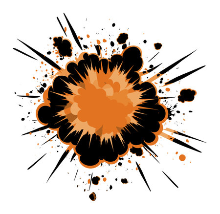 Orange and black comic book style explosion with splatters and streaks. Dynamic burst effect for...