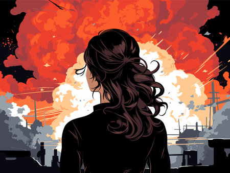 Back view of a woman looking at a dramatic explosion in an industrial area. Hair silhouette against fiery orange and red clouds, disaster scene vector illustration.のイラスト素材