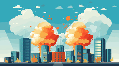 City skyline with large explosion clouds, fire and smoke over buildings. Urban catastrophe and disaster scene. Emergency and chaos in downtown vector illustration.のイラスト素材